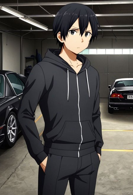 high resolution, solo, best quality, 1Boy, Kazuto Kirigaya, Black Hair, Black Eyes, lounge suit, hoodie, car garage, OverallDetail