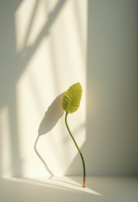 The image depicts an ethereal scene of shadows and light, capturing the essence of artful simplicity. The composition features a single object, possibly a leaf or flower, delicately placed against a neutral density background that allows the light to naturally filter through. The use of large format photography with Neutral Density Filters and natural lighting evokes the mood of a renaissance botanical illustration, creating an immersive and contemplative experience for the viewer. ,