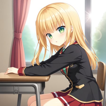 <lora:Charlotte_Di_Curvehorn_Yeatz_1_nai-000040:1>,Charlotte Di Curvehorn Yeatz,
one side up,school uniform,red skirt,pleated skirt,black jacket,blazer,green necktie,long sleeves,white shirt,collared shirt,plaid skirt,plaid necktie,
BREAK
1girl,solo,looking at viewer,sitting,from side,arm support,on chair,desk,indoors,window,curtains,day,arm on table,depth of field,lens_flare,