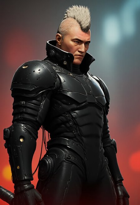 civitametapunk, portrait shot from side, detailed face of a horrifying  black knight all dressed in black armor, he has a spiky design or mohawk on the top of his head and the sides of his hairstyle is short and neat, blonde hair, light skin, obsidian black armor, looking at viewer with angry expression , holding a glowing ghostly scythe, menacing, atmospheric haze, a cyberpunk metropolis on background , MythP0rt <lora:artilands:0.8>, Leather Brown hue and vibrant Midnight red tint , cyberpunk, anime, perfection style