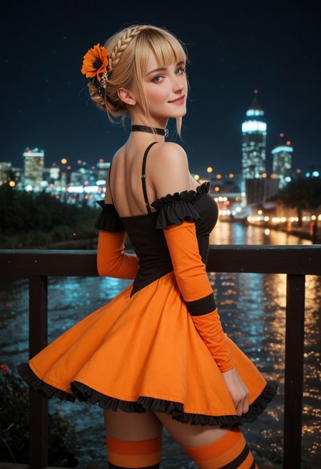 score_9_up, score_8_up, score_7_up, score_6_up, 1girl, 25 years old, perfect face, (adult), sexy,
blue eyes, 
blonde hair, french braid, hair ornament, flower hair ornament, blunt bangs, asymmetrical sidelocks, single sidelock, head back,  
black choker, halloween costume, striped clothes, orange dress, black dress, frilled dress, bare shoulders, short sleeves, arm warmers, stripped thighhighs, orange thighhighs, black thighhighs, Halloween, 
nights, river, city, cityscape, city lights, standing on one leg, looking back, shy smile, 
masterpiece, best quality, amazing quality,