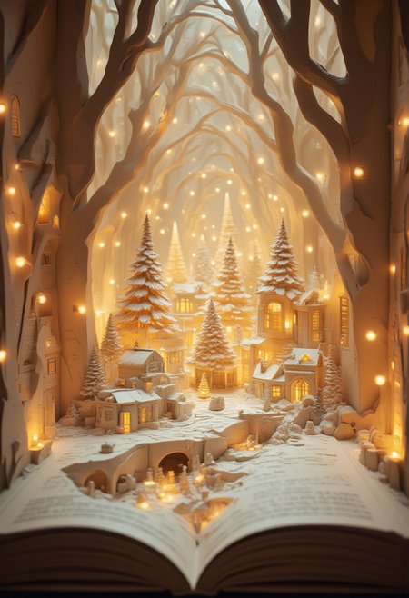This is a photograph of an artistic scene crafted solely from paper, Christmas holiday with gift box and Christmas tree. The entire scene is bathed in soft, warm hues of cream and beige, with subtle golden accents along the edges of the book adding a touch of elegance. The ambient lighting casts shadows that give character to the scene. Through the intricate Christmas tree can be perceived in the blurred background, filled with many bedside lamps, creating a warm ambiance with soft, golden lighting. The work, made entirely of paper, features detailed cut-outs that create a striking contrast with the blurred background, drawing the viewer into this enchanting, fairy tale-like landscape.