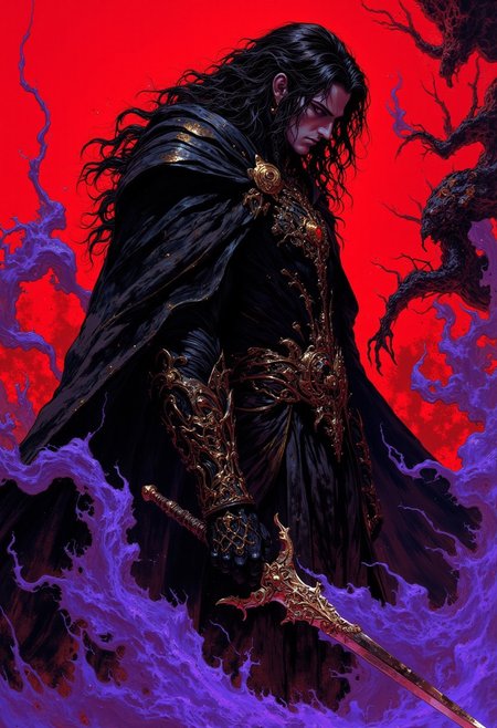 weibo, drawing, illustration retro 90's, Yoshitaka Amano, Ayami Kojima, chromatic aberration, detail, high contrast, cinematic view, volumetric lighting, perspective, vampire_hunter, silhouette, gothic_fantasy, long_black_hair, stoic_expression, golden_details, sword_in_hand, purple_mist, dark_mysterious_aesthetic, opulent,purple_twilight,dramatic_lighting,high_contrast, eerie_atmosphere,fantasy_art,intense_gaze,dark_romantic, gritty_texture, melancholic_mood, thick_linework, surreal,cinematic, intense_detail,photorealistic,(sharp focus:1.3). A stylized character with a striking appearance. A close-up, waist-length silhouette of a dark, a character a tall, mysterious vampire hunter with pale skin and a stoic expression, dressed in a flowing black cloak. He has long, wavy black hair that cascades over his shoulders. and a powerful stance, holding a sleek, menacing sword in one hand. The figure is partially enveloped in thick, swirling purple mist against a vivid red backdrop, adding depth and mystery. His cape flows around him, blending into the shadows. The intense lighting casts deep shadows across his form, while the purple mist creates an eerie, otherworldly atmosphere, highlighting his strength and determination. The image is highly detailed, with a focus on the textures of his suit, the sharpness and the way his interacts with the.
DB4RZ, DB4RZ style painting