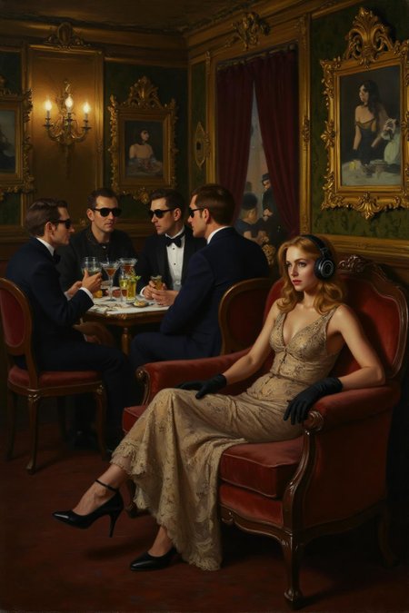 hansandersenbrendekilde1 painting.
A luxurious, dimly lit lounge set in 1970s Italy, exuding vintage charm and opulence. A stylish young woman in a lace dress, wearing oversized headphones, lounges on a plush velvet couch with an air of cool detachment. She dons sleek black gloves, embodying the effortless glamour of the era. In the background, a group of fashionable, well-dressed people in tailored suits and cocktail dresses sit around a table, enjoying drinks and conversation, all wearing sunglasses. The room is adorned with ornate gold decor, rich velvet textures, and the warm glow of dim lighting, evoking the chic sophistication of Italy's high society in the 1970s.
 <lora:hansandersenbrendekilde1_cap_d8a4e11:1.0><lora:855180215704375100:0>