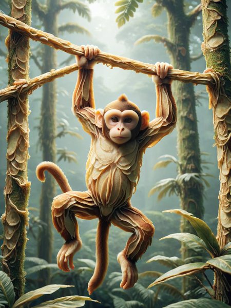 A curious ais-pncks monkey swinging joyously from tree to tree in a lush rainforest <lora:ais-pncks-sdxl:1>