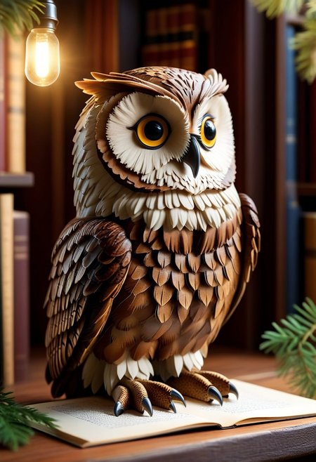 A photorealistic image of a majestic owl figure made out of novuschroma53 style, 
photography, cinematic shot, (extremely delicate and beautiful), highly detailed, intricate details, dramatic composition, contrast, texture, realism, high quality, stunning art, film grain, volumetric lighting, detailed, 
background is cozy library,