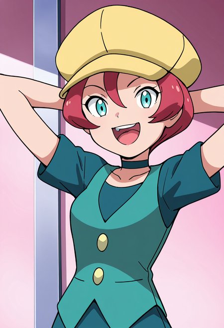 masterpiece, best quality, 1girl, solo, eyelashes, (beautiful eyes),    zzGeorgia, aqua eyes, pink hair, hair between eyes, short hair,  smile, open mouth, skirt, shirt, hat, green eyes, collarbone, short sleeves, :d, red hair, teeth, choker, tongue, vest, arms up, looking at viewer, buttons, upper teeth only, black choker, arms behind head, green shirt, green vest, yellow headwear ,   ,<lora:GeorgiaPokemon_IXL_v3:1.0>,