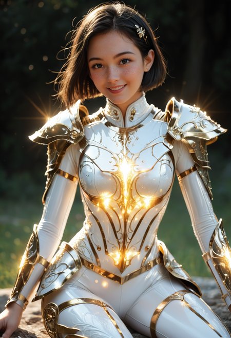 score_9, score_8_up, score_7_up, source_anime, masterpiece, best quality, perfect anatomy, very aesthetic, ((outlined outlined vector graphics)),no norm,
, cute face, (glow eyes:0.8), glittering, glimmering,, black background, cowboy shot, smile,__anlge__,
1girl, solo, 20yo, black hair, black eyes, short bob hair, hair pin,small breast, slender,(white thigh strap:1.1), bodysuit, glowing, nature, skin tight, freckles,, holy armor,  white holy armor, , white dress, gold armor, gold holy light, fantasy,  all fours ,  leaning back ,  , , <lora:holy-light-armor-01:1>