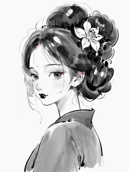 <lora:xl_shuimo-000012:1>,ink wash painting style, 1girl, monochrome, greyscale, solo, white background, looking at viewer, simple background, makeup, looking back, hair ornament, lipstick, flower, updo, upper body