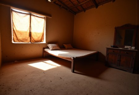Indian_Building_Flux, 
This photograph captures a bedroom of a village house in India bathed in warm, golden light filtering through a window covered by simple cloth window cover (likely a repurposed old Saree). The room has mud brick floor, and it appears that the house is made with mud and woods and no modern things present. The room's centerpiece is a single wooden bed, positioned against the left wall, next to it the room has a single wooden cabinet and what appears to be a covered mirror. GoPro lens, Ultra HiRes Photography