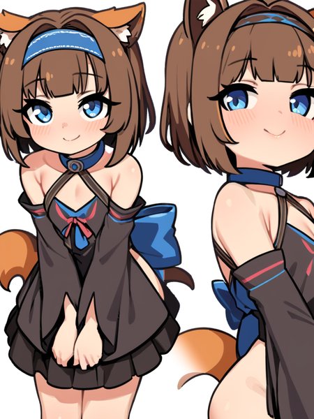 masterpiece, best quality, <lora:style578-a31-000020:1>, 
 1girl, solo, tail, animal ears, blue eyes, full body, detached sleeves, brown hair, hairband, looking at viewer, simple background, white background, bare shoulders, smile, collar, short hair, standing, transparent background,v arms, sandals, hair intakes, bangs