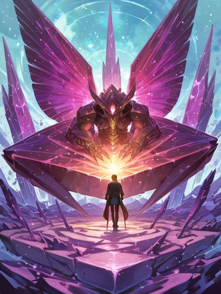 PDXL, <lora:KajpoV1:1>, k4jp0, volumetric reflections, volumetric shadows, HDR, shot on Canon DSLR,
a giant crystal in front of a galaxy, reflecting the light