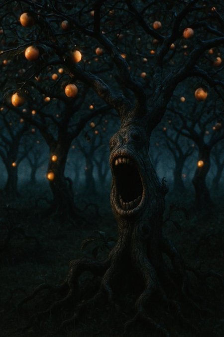 The Mawfield Orchard a grove of twisted fruit trees whose trunks are ringed with gaping mouths. The fruit is sweet and glows softly, but the mouths whisper apologies from voices you recognize, though no one else is there. live action 80's dark fantasy vhs still, , Grindhouse Gothic Pop-Noir aesthetic, no text