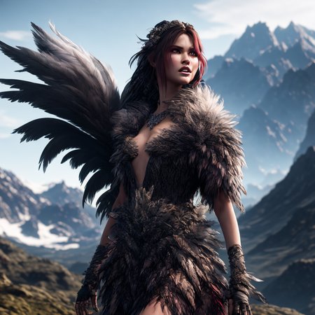 fking_scifi_v2, award winning portrait of a werecreature,
woman wearing (feathered LnF dress:1.2),  
mountain background , <lora:LnF21:0.8>