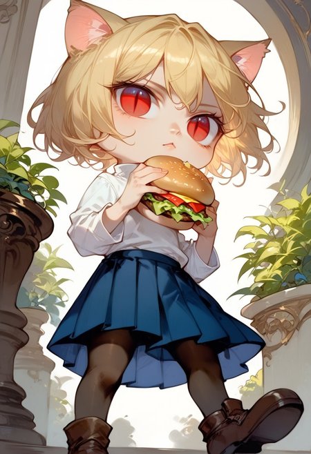 ng_deepnegative_v1_64t, score_9, score_8_up, score_7_up, Expressiveh, solo, very detailed, art nouveau background, high quality, necoarc, blonde hair, red eyes, slit pupils, cat ears, :3, chibi, holding burger,   turtleneck, white shirt, blue skirt, pleated skirt, pantyhose, brown footwear, dynamic angle