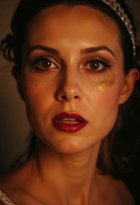 A sensual close-up portrait of Cleopatra, her face illuminated with soft, golden light that enhances her regal beauty. Her lips are full and meticulously detailed, with a slight sheen of deep crimson gloss, parted ever so slightly to reveal their natural allure. Her iconic eye makeup is striking: bold, black kohl lines extend dramatically from her almond-shaped eyes, winging outward with precision to form the classic Egyptian "feline flick." A shimmering band of gold eyeshadow accentuates her eyelids, blending seamlessly into her warm, honey-toned skin. Her thick, jet-black lashes curl upward, framing her penetrating gaze, which is both seductive and commanding. Tiny beads of sweat glisten on her flawless complexion, adding a subtle sensuality. Her high cheekbones are lightly brushed with a warm bronze tone, emphasizing her face's elegant structure. Cleopatra's look is the epitome of opulence and mystery, her beauty a timeless invitation to fascination.