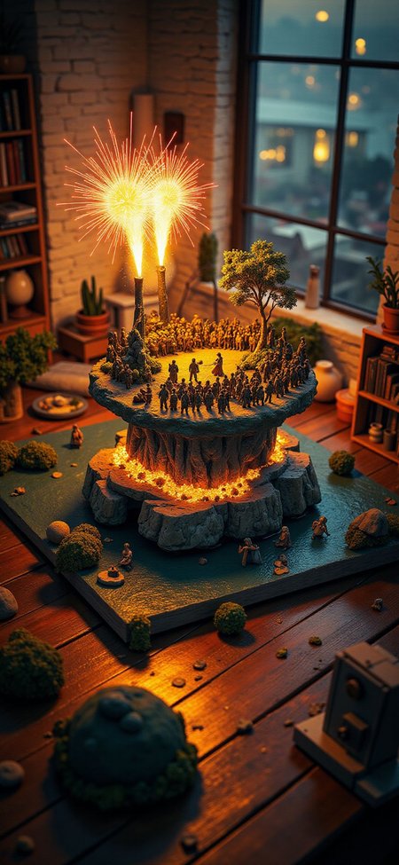 (indoor,very wide isometric view,tilt-shift lens:1.6), (windowless,fna_style,miniature,miniature,diorama,miniature,diorama,PVC,plastic:2),sunset desert,ruins,led with fiber lights,fireworks,concert with crowded  at (floating island,levitating  island:1.5) on (table:2) at (attic:2.5)   <lora:Diorama_Flux:1>
<lora:Fantasy_Novel_Art_Style:1>
