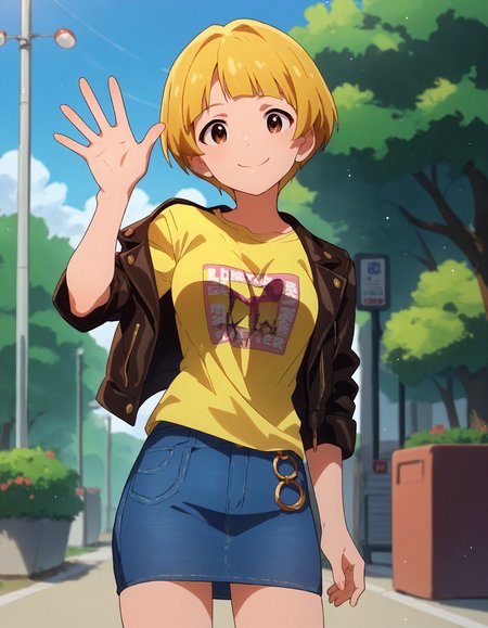 score_9,score_8_up,score_7_up,1girl,solo,cowboy shot,looking at viewer,smile,waving,outdoors,
<lora:fukudanoriko_ponyXLV6:0.8>,mlfn,
blonde hair,short hair,blunt bangs,brown eyes,
leather jacket,yellow T-shirt,denim skirt