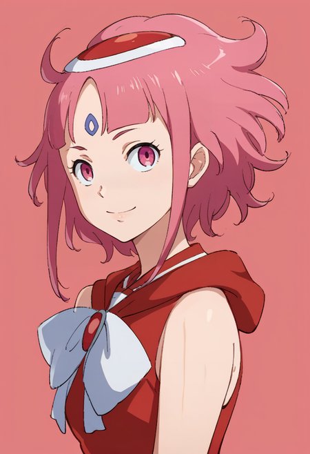 score_9,score_8_up,score_7_up,anime coloring BREAK source_anime,anime,<lora:Noredo_Nug_Pony:0.8>,noredo,1girl,solo,pink eyes,pink hair,short hair,forehead mark,hair ornament,cheerleader,kind_smile,multicolored background,looking at viewer,upper body,