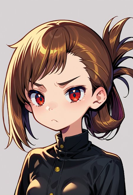 score_9, score_7_up, source_anime, BREAK   <lora:Gyokai:1>, frown, 1girl, red eyes, tsurime, brown hair, medium hair, asymmetrical bangs, swept bangs, flipped hair, folded ponytail, small breasts,