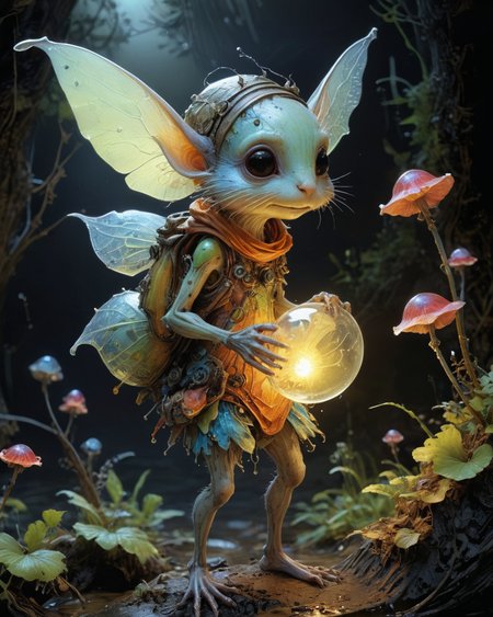 bioengineered pixie, colorful organic bioluminescent patterns, full body, outdoors, hauntingly beautiful, hyperrealistic, ultra resolution, professional photo, Jean-Baptiste Monge Style page scan from comic book <lora:add-detail-xl:0.8>  <lora:xl_more_art-full_v1:0.5>   <lora:Jean-Baptiste Monge Style:1>