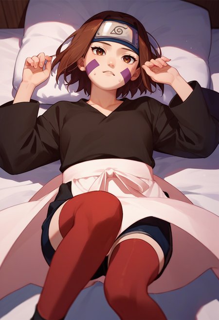 score_9, score_8_up, score_7_up, source_anime, 1girl, nohara rin, short hair, brown hair, brown eyes, purple facial mark, black shirt, long sleeves, white apron, black shorts, forehead protector, red thighhighs, on back,   <lora:Nohara Rin 1 rep-000010:1>