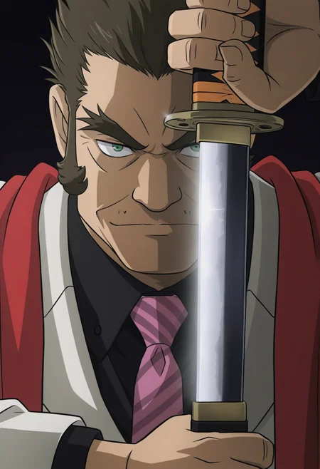 1boy, close-up, darkness, katana, unsheathing, eye focus, blade, reflection,
BREAK
<lora:Brian_D._Kadokura_from_Detective_Conan_The_Million-dollar_Pentagram_v1.0:1>
briandkadokura, mature male, brown hair, green eyes, thick eyebrows, forked eyebrows, long sideburns,
BREAK
white suit, black shirt, collared shirt, pink necktie, striped necktie, red scarf,
BREAK
very awa, masterpiece, best quality, absurdres, newest, perfect quality, detailed background, intricate details,