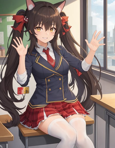 (extremely detailed CG unity 8k wallpaper),(masterpiece), (best quality), (ultra-detailed), (best illustration),(best shadow), (sharp eyeliner, eyeshadow, detailed eyes:1.2), classroom, sitting on desk, smiling, cowboy shot
,BREAK
(qbz97school:1.2), waving, animal ears
<lora:QBZ97:1>
