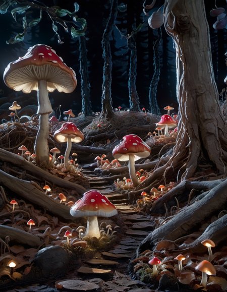 stopmotion, Mushroom Forest: Giant toadstools, friendly critters, glowing fungi, fairy lights, magic-infused air. <lora:STOPMO_1.12_RC:0.9>