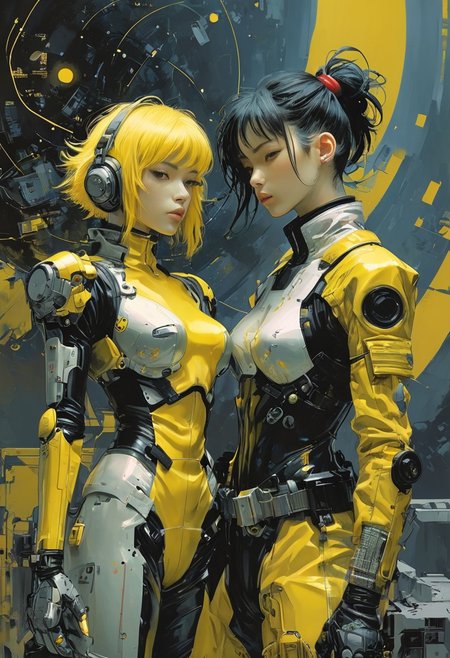 cyberpunk lesbian couples in space, retro 90's, yellow, black, science fiction, rockpunk, yoji shinkawa, James Jean, Ayami Kojima