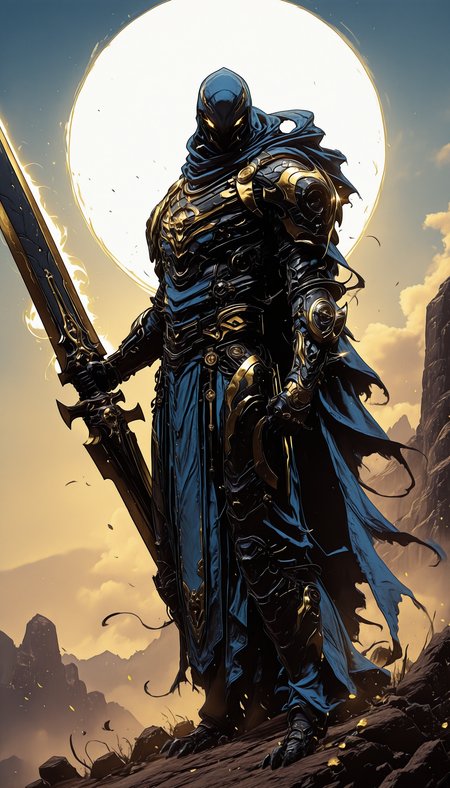 holding weapon, fighting stance, holding  buster sword,huge weapon,, WCG-Illu,, kaarea masterpiece, best quality, high quality, ultra-detailed, realistic,  traditional media, vivid_color, high contrast, speed lines, move_effects, action Create a detailed digital artwork of a menacing, armored figure standing atop a rocky terrain. The figure is clad in dark, metallic armor with gold accents, and wields a long, ornate sword with a golden hilt. The armor is intricately designed with sharp, angular features, and the figure's face is obscured by a hood, adding to the enigmatic aura. The background features a dramatic sky with hues of orange and gray, suggesting either dawn or dusk. The overall style should reflect dark fantasy or gothic themes, with a focus on creating a sense of foreboding and mystery. solo, 1boy, holding, standing, full_body, yellow_eyes, weapon, horns, sword, holding_weapon, cape, armor, no_humans, glowing, holding_sword, helmet, gauntlets, glowing_eyes, fantasy, full_armor,    holding weapon, fighting stance, holding  buster sword,huge weapon,, WCG-Illu,, kaarea
