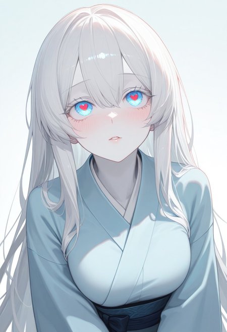 masterpiece, best quality, newest, absurdres, highres,
1girl, white hair, long hair, looking up, blue eyes, glowings eyes, heart eyes, glossy lips, colored skin, white skin, light blue kimono, light breeze, warm light across face, shy, color splash background