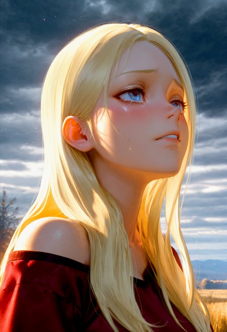 HDR, 8K, high contrast, masterpiece, best quality, amazing quality, very aesthetic, superabsurd res, high resolution, ultra-detailed, absurdres, newest, scenery, (horikoshi kouhei:0.3), (quasarcake:0.3), (wlop:0.3), chiaroscuro, solo, close up, tm_alyvia, 1girl, blue eyes, blonde hair, huge breasts, long hair, upper body, blush, crying, tears, melancholy, half closed eyes, looking up, portrait, bare shoulder, heaven, dark sky, overcast, fog, BREAK, photorealistic, beautiful detailed eyes, detailed skin, detailed hair, volumetric lighting, dappled light, light particles, dramatic shadows, cinematic lighting, photo background, depth of field, <lora:ponyxl\cfg_scale_boost:0.7> <lora:IL\KMS_TM_Alyvia_IL:0.7>