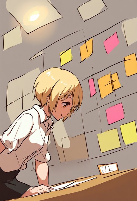 Beautiful sketch, anime, SK3, minimalist, simple drawing, simple shadows, a female model, blonde hair, wearing a button-up and black skirt, in an office,  low-angle view, smiling, wet, pink and orange lighting, drawing, sticky note wall, Jed-StickyN