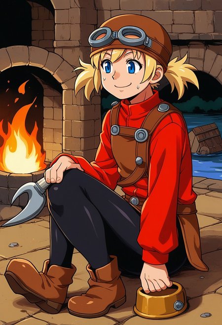 score_9, score_7_up, source_anime, BREAK solo, <lora:Pratty_XL:1> Pratty, blue eyes, short hair, light blonde, short twintails, hair through headwear, goggles, brown headwear, red shirt, short over long sleeves, black long sleeves, red skirt, black pantyhose, leather breastplate, brown footwear, smile, sweat, smith, furnace, smithing, crafting, fire, river, mill