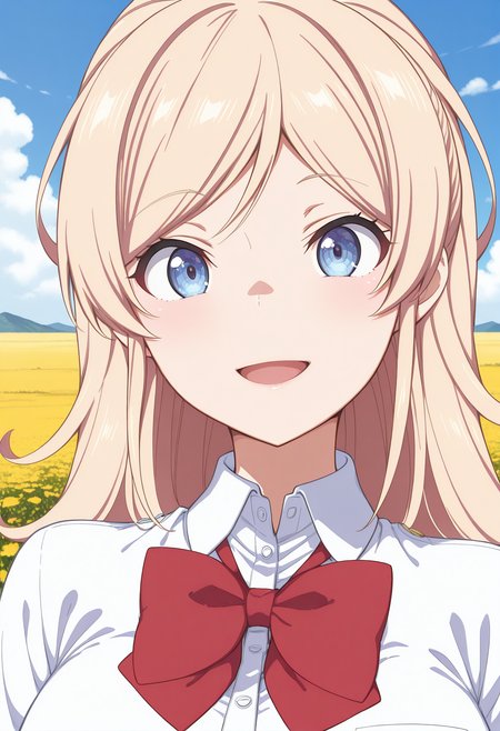 1girl, solo, (field), (blue sky:1.2), looking at viewer, smile, 
karasuma_angelica, blue eyes, blonde hair, long hair, school uniform, red bowtie, collared shirt, short sleeves, <lora:karasuma_angelica_illustrious_ver1:0.8>, masterpiece, best quality, general,, (upper body:1.2), (close-up:1.2), (facing viewer:1.2), (open eyes:1.4), (portrait:1.2)