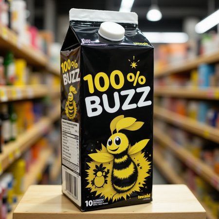Product photography, a real photo of a tetrapak milk carton, on the milk carton the text â100% BUZZâ is prominently displayed, below the text there is a cartoony symbol of a black and yellow bee, the bee seems happy, the color scheme of the milk carton is black and yellow matching the bee symbol, the milk carton is in the shelf of a supermarket.
This is a flawless photo, an uncompressed ultra-high-quality 4k RAW photo taken with a professional camera.   <lora:aidmaFLuxPro1.1_v0.3:1>