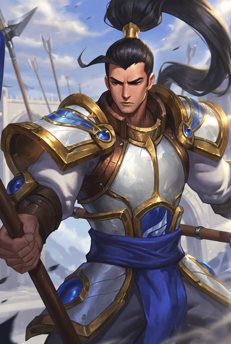 score_9,score_8_up,score_7_up,best quality,ultra-detailed,high resolution,digital painting,8k,1boy,solo,cowboy shot,male focus,detailed face,ponytail,armor,black hair,long hair,shoulder armor,pauldrons,polearm, holding polearm,<lora:add-detail-xl:1>,<lora:XinZhao LOL:0.7>,xinzhao lol,