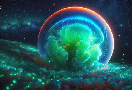 A translucent Sphere with a shrunken Universe forming from a powerful  quantum explosion , (the universe itself a living Jelly  lifeform), Cosmic  Fluorescent Colors  ,Dark Sci-fi ,, Subsurface scattering , Ray Tracing ,Rear Cosmic amibient   light mapping for deep space and Stellar lighting ,electric green , burnt orange , metallic candy apple red,tundra blue  ,8k UHD ,Masterfully rendered in Octane by Sithandwesson ,