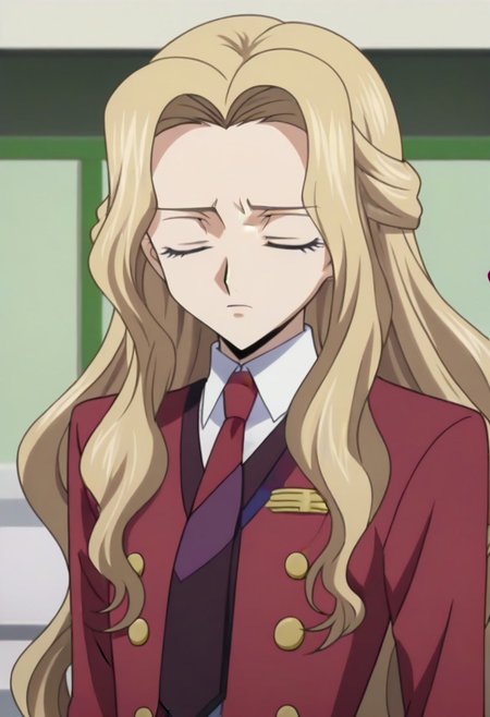 anime screencap, masterpiece, best quality, Code Geass anime art style, <lora:Nunnally_Lamperouge:1>Nunnally Lamperouge, 1girl, ashford academy school uniform, long hair, necktie, school uniform, closed eyes,