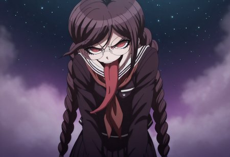 (((solo))), masterpiece, best quality, very aesthetic,  modern, modern anime,  newest, absurdres, highres, waist shot , amused expression  , (((solo))),danganronpa_(series),<lora:Toko_Fukawa_Illustrious:1>,  This anime screencap is from Danganronpa the Animation. Genocider Sho is enacting a finger pointing . Genocider Sho's expression is remorseful expression . Genocider Sho is interacting with  portrait, ((starry sky, high-quality, vivid, 1600x400 pixel, breathtaking, twinkle like diamonds, dark night sky, enchanting, dreamy atmosphere, no people, dim lighting, above angle):1.2), (masterpiece), best quality, perfect detailed, clear background, (depth of field:0.7), (one person:1.3), looking at viewer, facing viewer The weather is fog  Genocider Sho wearing her uniform from Danganronpa 1. Her uniform is purple with a lengthy skirt that extends past her knees. Her long dark purple hair is styled in two braids that extend past her waist. She has large round glasses over her red eyes. Her abnormally large tongue hangs out of her mouth. She is wearing white socks and brown loafers.