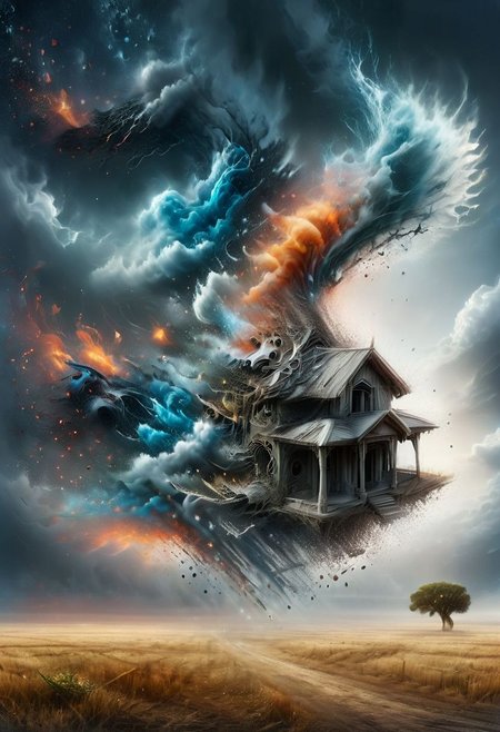 ASCII(best quality, 8K, high resolution, masterpiece), ultra detailed, ((a house is flying)) caught in a huge tornado, the house is dissolving, many objects are floating around in the tornado, in the ground there are the foundations of the house,
overcast, cloudy, very dark atmosphere, winning photo,