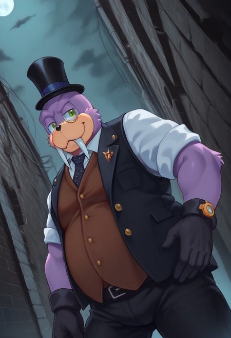 score_9, score_8_up, score_7_up, sfw, rotund, furry male, Rotor the walrus, green eyes, fangs, furry,  furry anthro, alley, dutch angle, posing, from below, clothed, (((dutch angle, posing, from below))), walrus, fat, overweight, walrus tusks, squinting eyes, smile, solo, 1boy, male focus, <lora:pony_monocles-step00000800:1>,(monocle),round eyewear, top hat,, suit, gloves, furry male, mustache, necktie, a robber-baron wearing a monocle on a chain on his left eye, top hat, white shirt, black vest from 1900 holding a pocketwatch, standing
BREAK
city, ruins, back alley, outside, night, moon, stars, ambient light,
