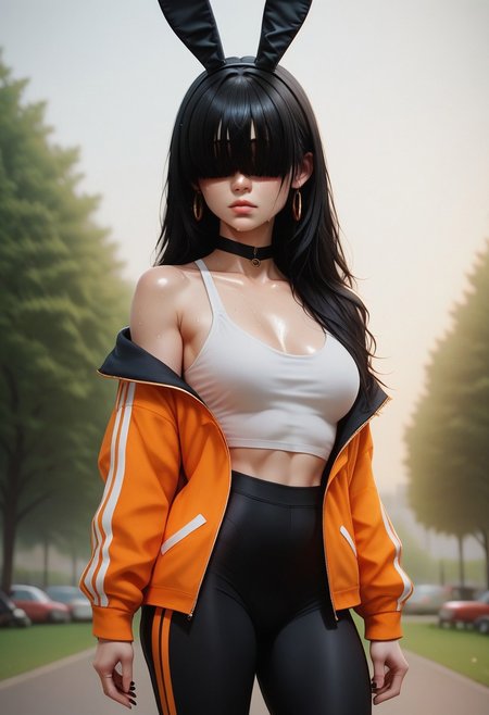(((black hair))), long hair, (((bangs over eyes))), (((black blindfold))), 1girl, russian, Caucasian, (Cinematic Angle),, score_9, score_8_up, score_7_up, score_6_up, 
score_9, score_8_up, score_7_up, beautiful aesthetic, 1 girl, miniature, slim, supermodel, bunny ears, bunny tail, sexy face expression, (dynamic_pose:1.3), close up on beautiful freckled face, black yoga pants, white top, beautiful legs and thighs, blond long hair, short white socks, white converse, short Khaki colored bomber jacket with orange lining, rings, earrings, chocker, oiled, black nail, young, medium chest, small hips, medium ass, wet, sweat, (tits bursting out of her top), bloom, (park square), day, sun, leaning on black motorcycle, looking_longingly, <lora:sdxl/Expressive_H-000001:0.8>
