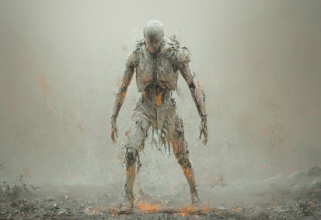 a combat cyborg, damaged, looking at the sunset over a faraway distopian city, colorful, muted rusted eroded paint, looking defeated,
