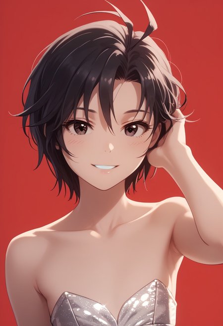 score_9, score_8_up, score_7_up, source_anime, cinematic, extremely high definition, dramatic lighting, masterpiece, bestquality, extremely detailed, 8k, hd, Expressiveh, red background, ddpapa, 
BREAK
18 years old, 1girl, solo,
kkcmkt, short hair, black hair, antenna hair, hair between eyes, black eyes, flat chest, small breasts, <lora:KikuchiMakoto_pony_v1:0.9> 
detailed face, perfect face, cute face, pretty, topless, beautiful woman's face, (looking at viewer, seductive, smiling eyes, happy, satisfied face, sensual expression, (eyes wide open), affectionate:1.2),
BREAK
royal dress, unzipping body royal dress, rogue girl, sexy, posing, thin lips, full body, (dynamic pose:1.2), perfect hand,