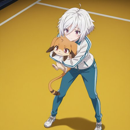 Sayaka Itomi, toji no miko style, 1girl, solo, white hair, short hair, bangs, hair between eyes, ahoge, purple eyes, small breasts, track suit, white track jacket, blue pants, blue trim, white shoes, hugging animal, Nene (animal), red eyes, light smile, standing 
BREAK
inside gym
BREAK
anime screencap, anime coloring, anime colored background, detailed background, detailed face, shiny skin, shiny hair, absurdes, highres, dynamic pose, masterpiece, best quality, official art, cel shaded, graphic illustration, digital painting, CGI, very detailed, amazing quality, intricate details, dynamic pose, HDR, UHD, 8K, Fineline illustration, Highly detailed, ultra-fine painting, sharp focus, Professional, Vivid Colors <lora:add-detail-xl:1> <lora:DetailedEyes_V3:1> <lora:Toji_no_miko_character_pack_Illustrious:1>