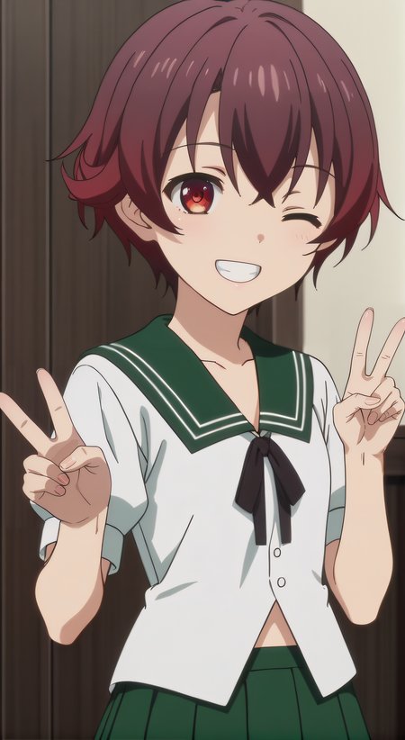 score_9, score_8_up, score_7_up, source_anime, rating_safe, intricate details, anime screencap, official style, anime coloring, 1girl, solo, <lora:Mutsuki:1>, mutsuki, short hair, red eyes, serafuku, green sailor collar, short sleeves, green skirt, pleated skirt, black pantyhose, smile, indoor, peace sign, hands up, five fingers, grin, teeth, upper body, one eye closed