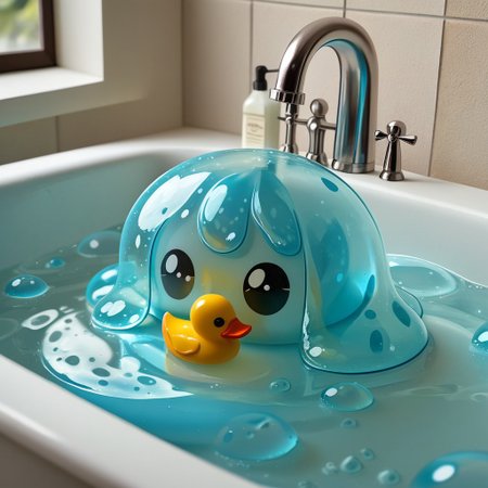 {1rubber duck, 1 rubber duck made out of slime, (slime rubber duck:1.5), yellow slime body, orange slime beak, glossy black eyes, translucent slime rubber duck, transparent slime rubber duck}
hud_sp_bth, flower, petals, water, bath, in an elegant bath tub, bubbles made out of slime, slimes hiding in the bath bubbles, bubble bath, perspective from inside tub, prespective from inside bath,
everything made of slime, No simple background,
((translucent slime)), ((transparent slime)), (bioluminescent slime), sl1m3d, slime, slime-morph, saturated colors, no humans, no people,