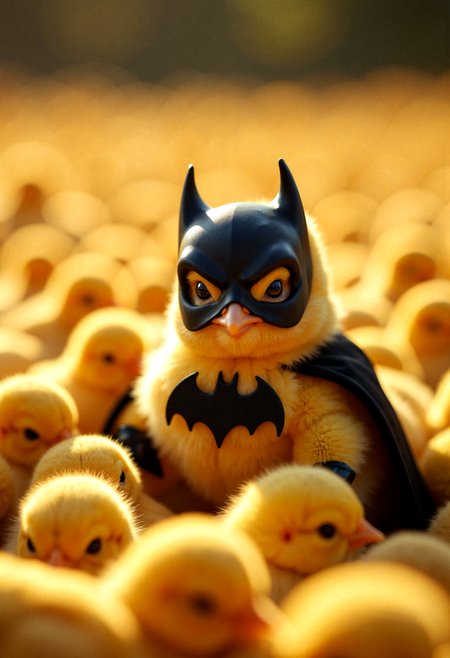 "A striking photorealistic scene of a chick in a miniature Batman costume surrounded by a sea of fluffy yellow chicks. The central chick is adorned with a glossy, pitch-black mask featuring tiny, pointed ears and a delicate cape that rests on its plump body, draping naturally with realistic fabric folds. The vibrant yellow fluff of the chick contrasts with the bold costume, while its glossy black eyes exude a heroic aura. The surrounding chicks are densely packed, their downy feathers illuminated by warm, natural lighting that highlights the soft textures and subtle variations in yellow tones. The blurred, golden background adds depth, making the costumed chick the central focus in this charming and whimsical composition."











































